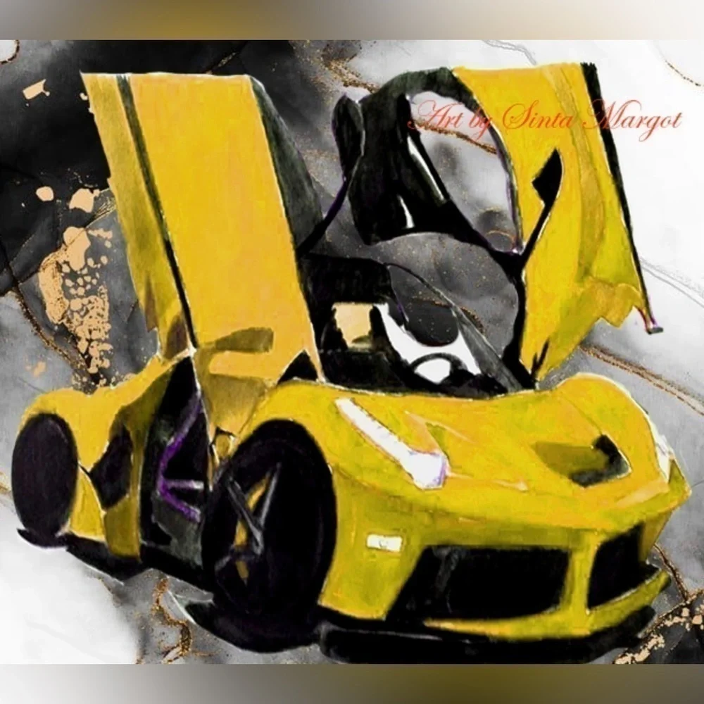 Digital print of a watercolor of a Ferrari I did NWT of my own yellow and black
